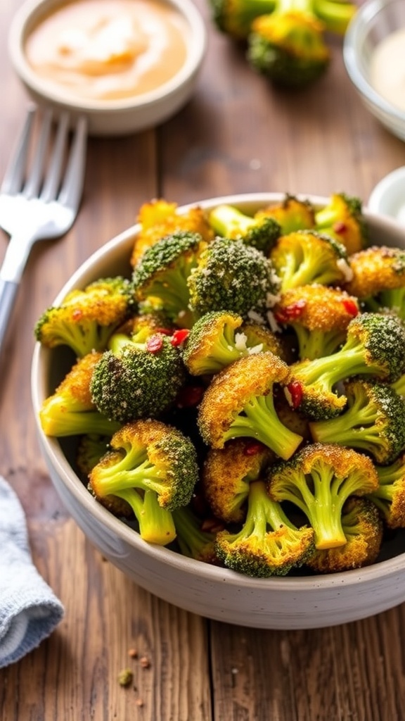 Crispy roasted broccoli florets in a bowl, garnished with Parmesan cheese and red pepper flakes.
